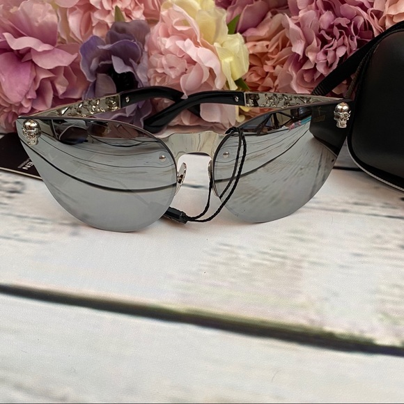 KINGSEVEN Silver Gothic Skull Rimless Cat Eye Sunglasses - Picture 7 of 16